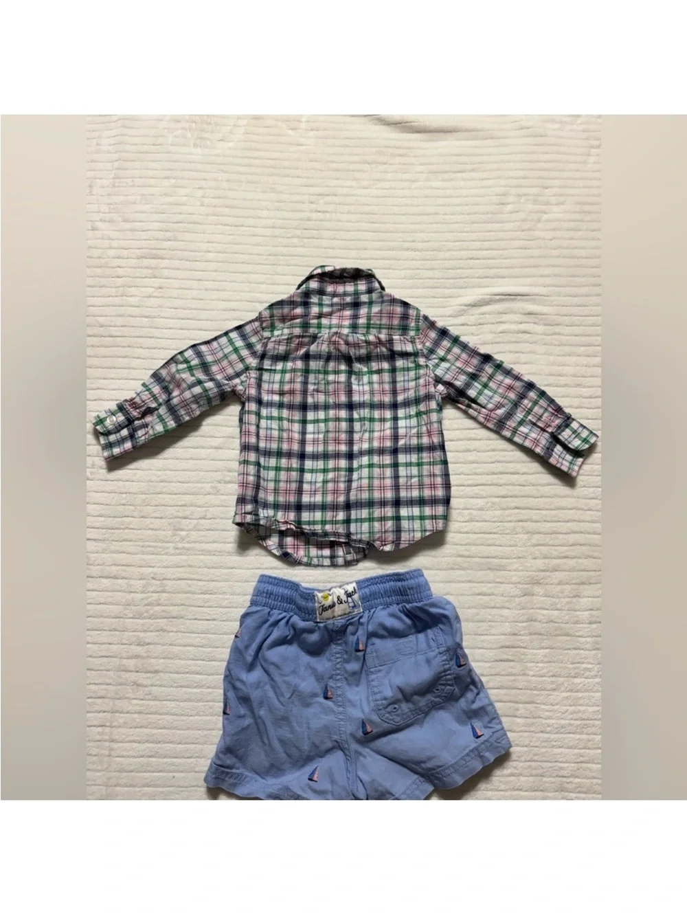 Janie and Jack Green Corduroy Pants with Blue Shorts and Plaid Shirt